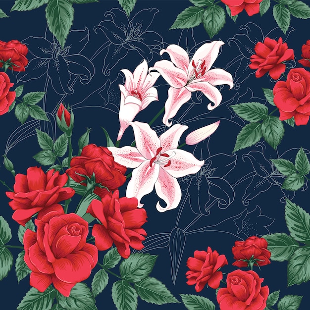 Modelo inconsútil rojo Rose y fondo de las flores de Lilly.