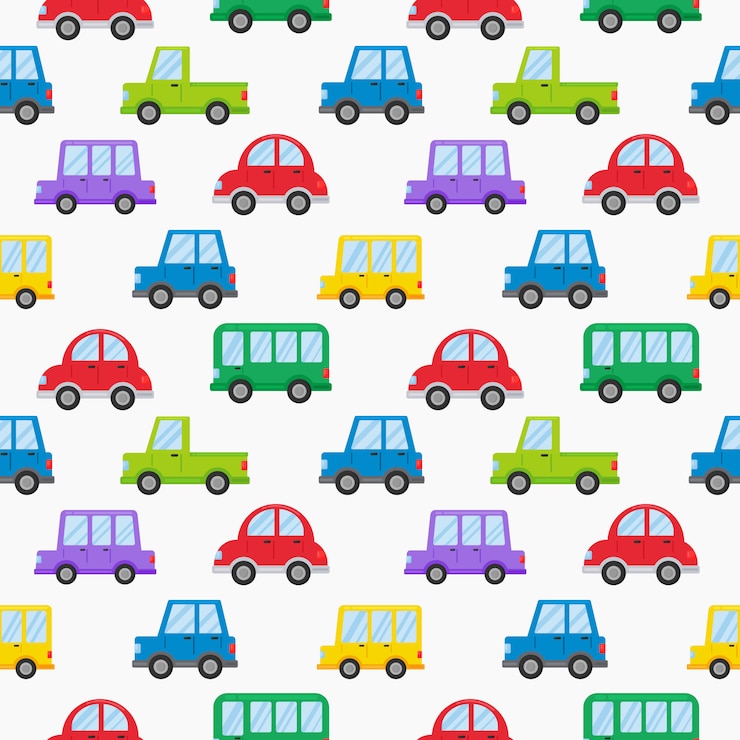 Modelo inconsútil del transporte colorido estilo de dibujos animados lindo coche aislado en blanco