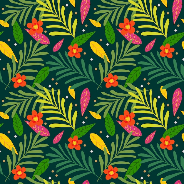 Modelo inconsútil tropical exótico con las hojas de palma y las flores coloridas.