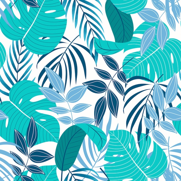 Modelo inconsútil tropical original con hojas de turquesa y plantas sobre un fondo claro
