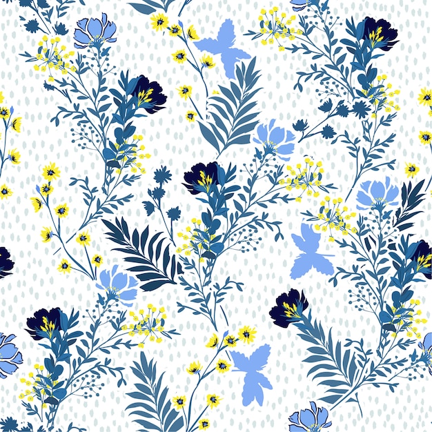 Modelo inconsútil del vector Ejemplo del vector de las flores y de las hojas azules y amarillas dibujadas mano de un prado.