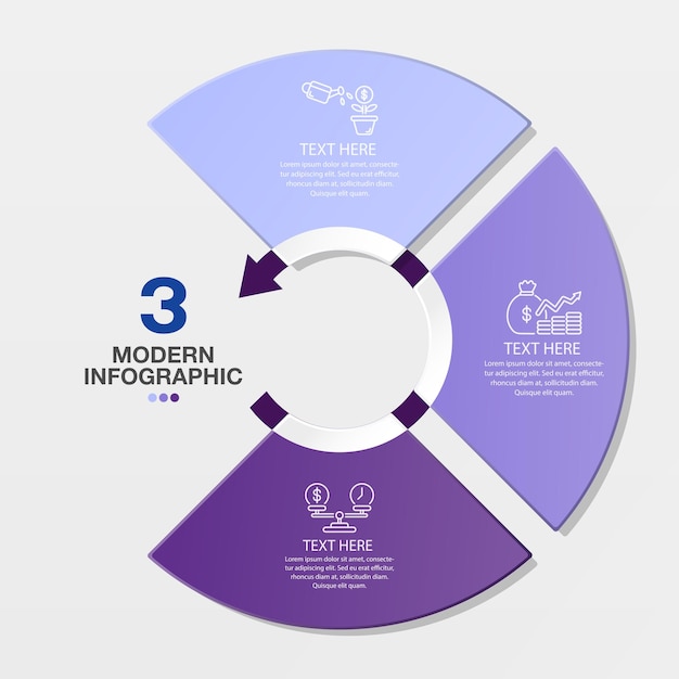 Modelo de infografía de círculo moderno con 3 pasos