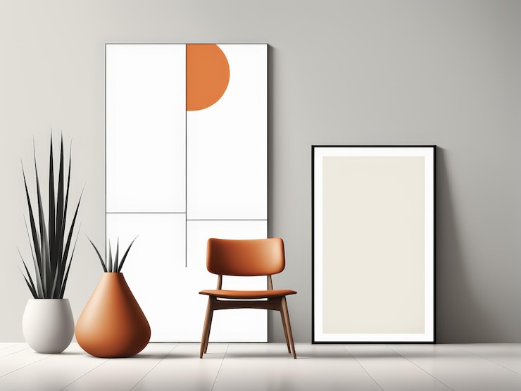 Vector modelo de interior de hogar minimalista vaseinfundido en el ambiente con esquema de colores neutros y acre naranja