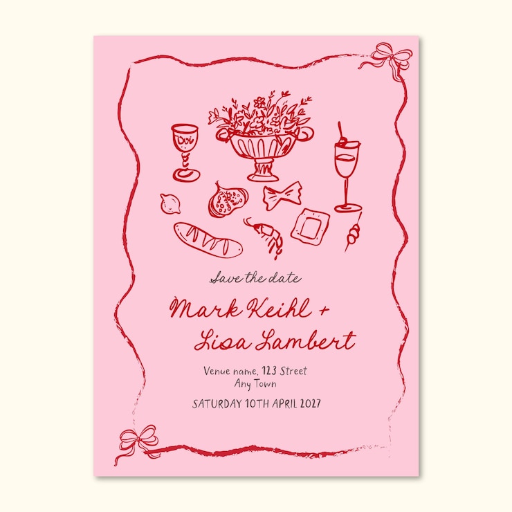 Vector modelo de invitación de boda caprichoso y extravagante dibujado a mano