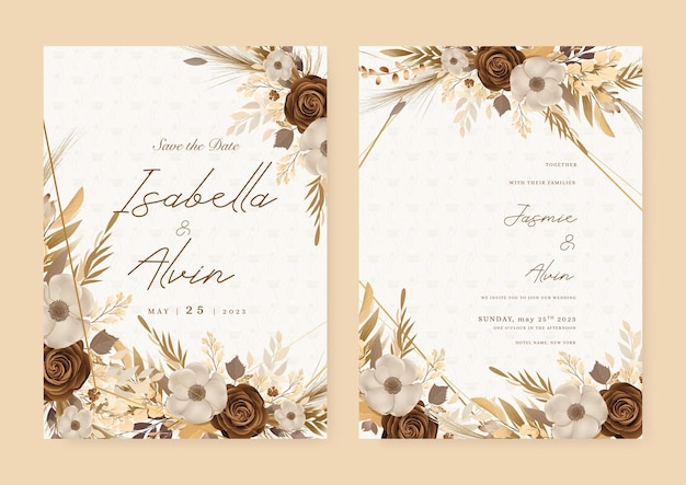 Modelo de invitación de boda moderna de color beige marrón y blanco con flora y flores