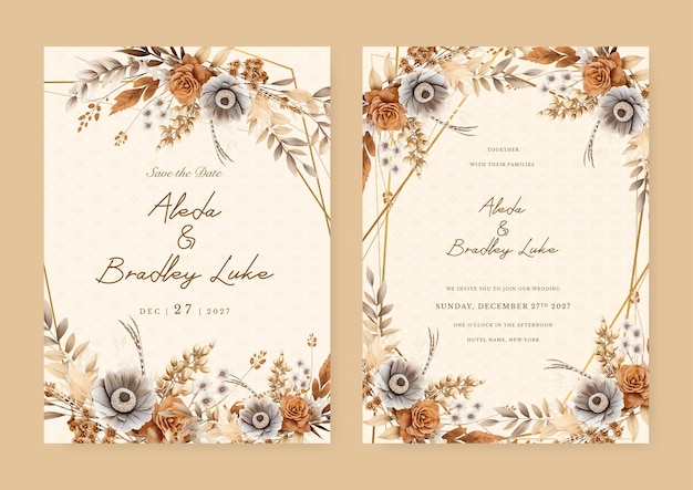 Modelo de invitación de boda moderna de color blanco marrón y beige con flora y flores