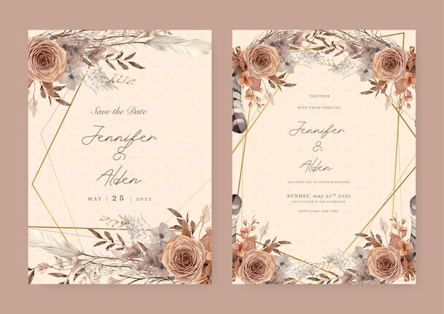 Modelo de invitación de boda moderna de color blanco marrón y beige con flora y flores