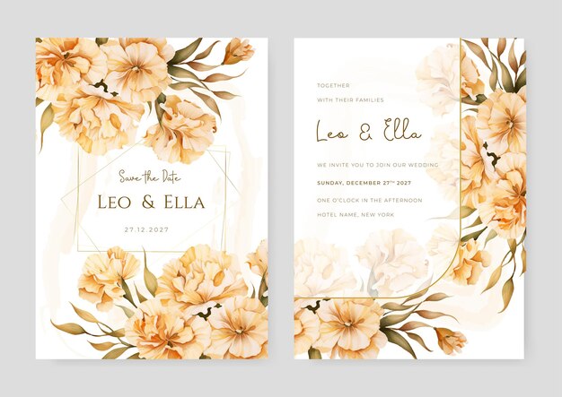 Vector modelo de invitación de boda moderna de crisantemo amarillo con flores y flores