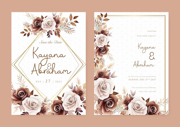 Vector modelo de invitación de boda moderna de rosa blanca y marrón con flores y flores