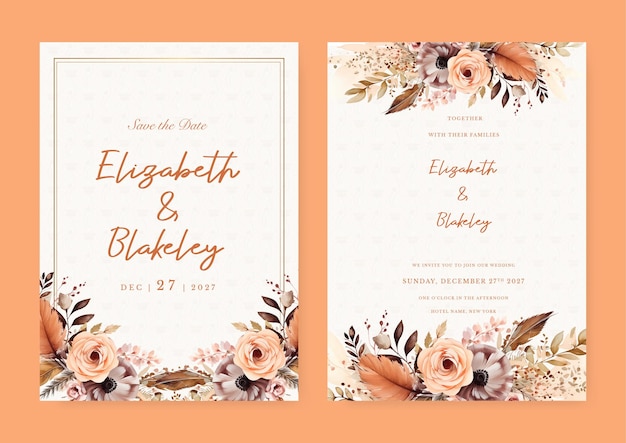 Vector modelo de invitación de boda moderna con rosas marrones y melocotones con flores y flores