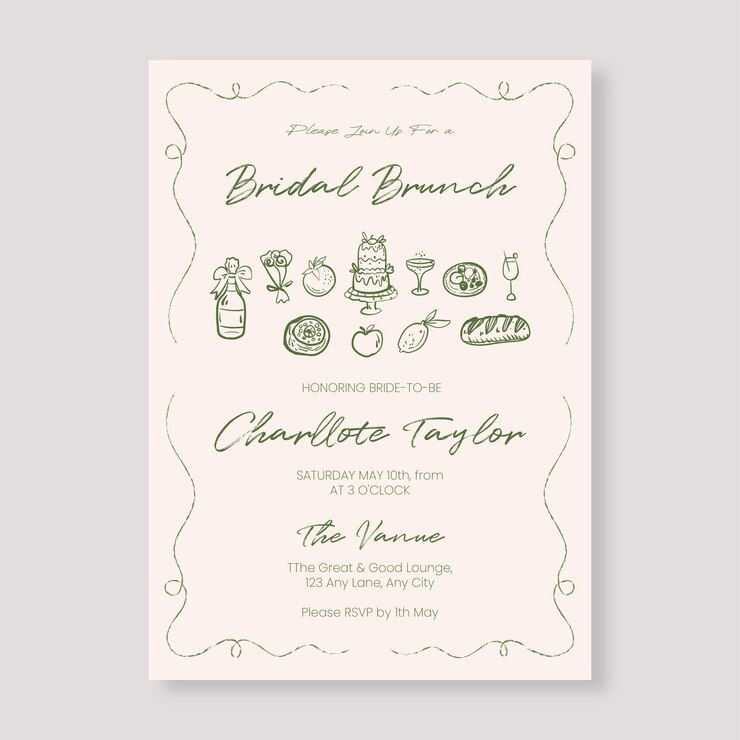 Vector modelo de invitación para el brunch nupcial dibujado a mano, minimalista y caprichoso