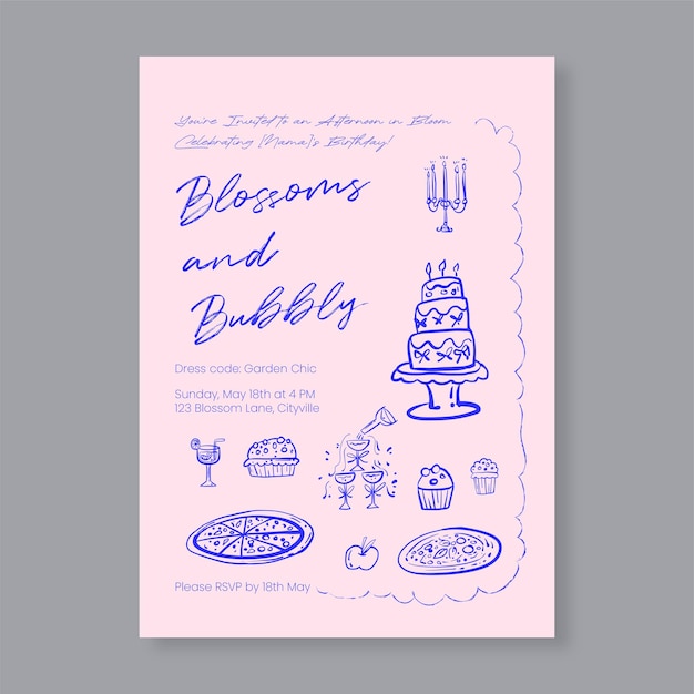 Modelo de invitación de fiesta de cumpleaños minimalista elegante y caprichoso retrógrado dibujado a mano