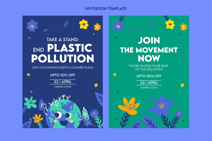 Modelo de invitación para la sensibilización sobre la contaminación por plásticos Ilustración plana