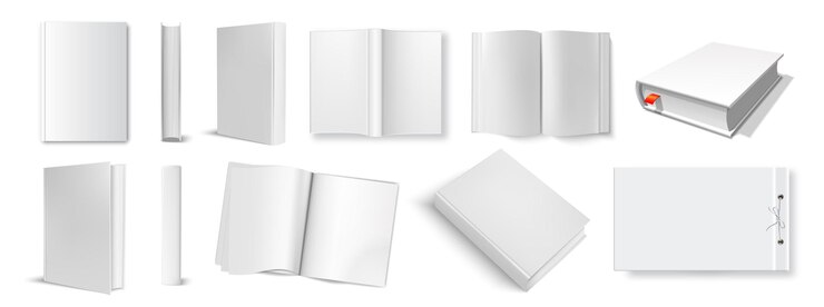 Vector modelo de libro blanco vectorial conjunto de cubierta espalda espina dorsal libro en blanco realista en tapa dura en diferentes ángulos ilustración vectorial