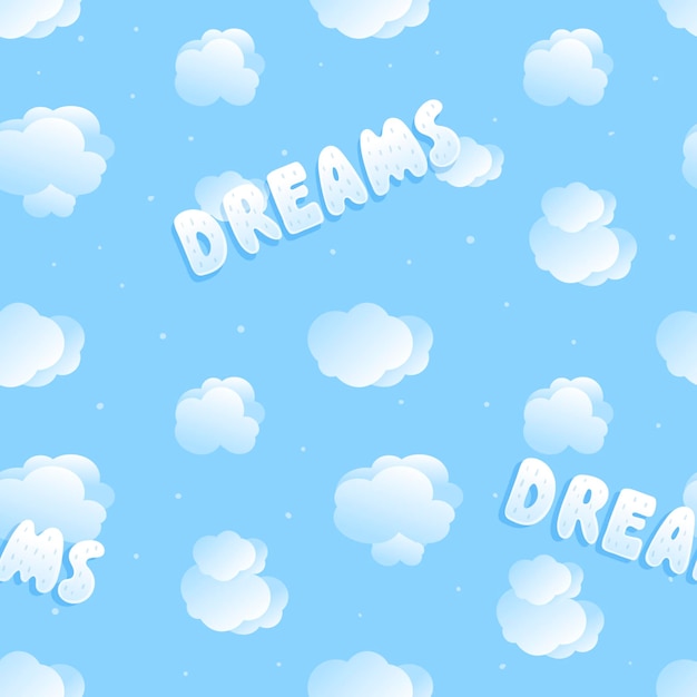 Modelo lindo inconsútil del vector. Cielo azul con nubes mullidas y letras volumétricas con la palabra sueños.