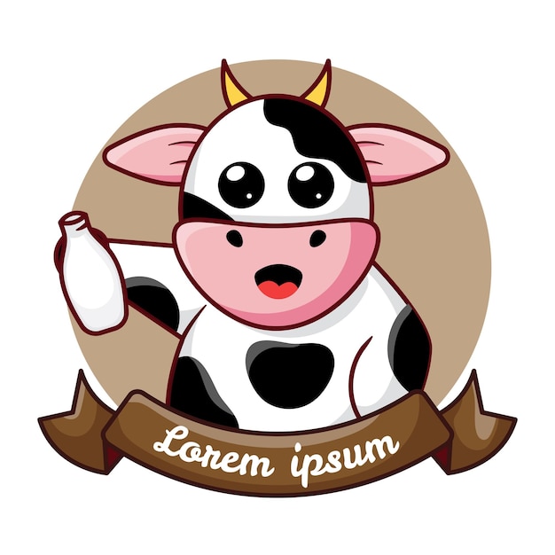 Modelo de logotipo de la linda vaca con leche en botella