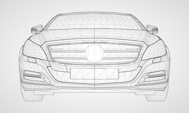 El modelo luce un sedán premium. Ilustración de vector en forma de cuadrícula triangular poligonal negra sobre un fondo gris.