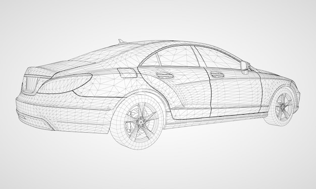 El modelo luce un sedán premium. Ilustración de vector en forma de cuadrícula triangular poligonal negra sobre un fondo gris.