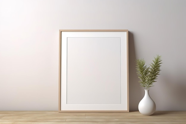Modelo de marco de póster con planta en jarrón en el estante en el fondo interior renderizado en 3d
