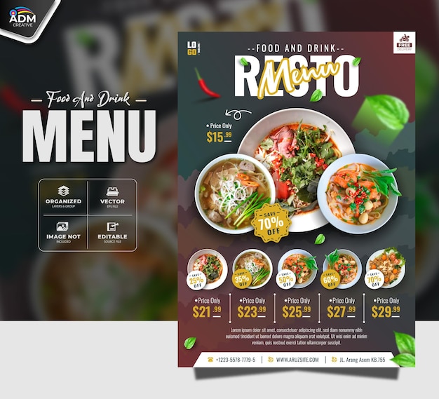 Modelo de menú de alimentos y bebidas de diseño moderno