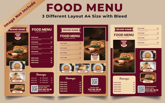 Modelo de menú de comida y restaurante 3 diferentes diseños A4 Flyer Diseño vectorial Mercado de comida y bebida