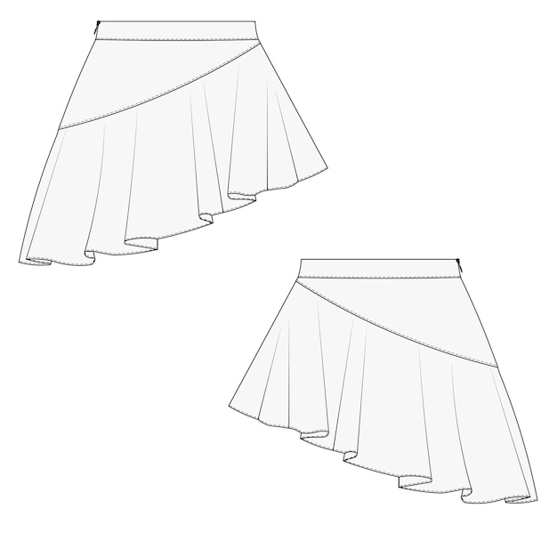 modelo de mini falda corta asimétrica con frilly dibujo técnico boceto plano cad maqueta de mujer de moda d