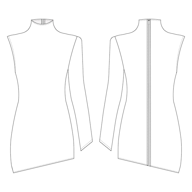 Vector modelo de mini vestido de cuello alto de manga única de manga larga asimétrica con cremallera recta dibujo técnico
