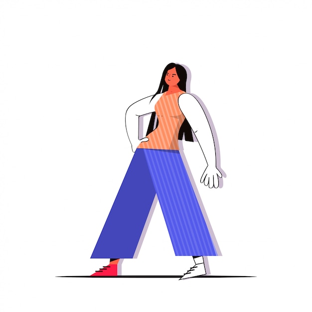 Modelo de moda mujer posando en ropa casual de moda personaje de dibujos animados femenino pose permanente de longitud completa
