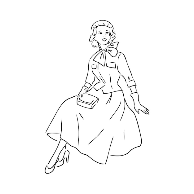 Modelo de moda retro en blanco y negro en estilo boceto ilustración vectorial dibujada a mano