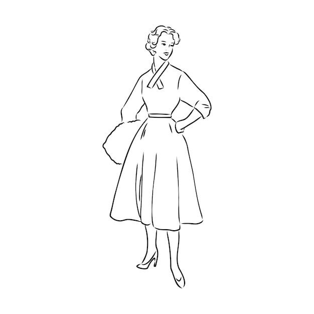 Modelo de moda retro en blanco y negro en estilo boceto ilustración vectorial dibujada a mano