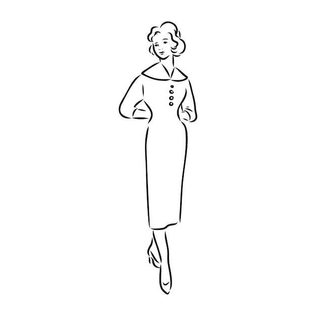 Modelo de moda retro en blanco y negro en estilo boceto ilustración vectorial dibujada a mano