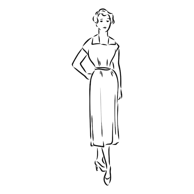 Modelo de moda retro en blanco y negro en estilo boceto ilustración vectorial dibujada a mano