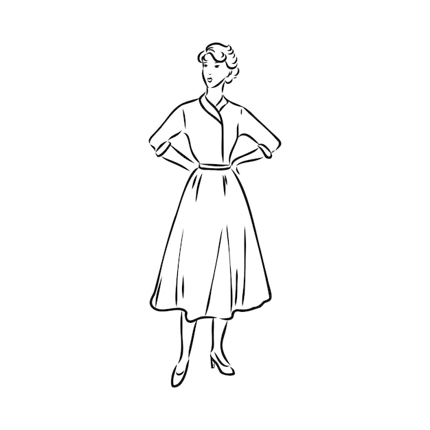 Modelo de moda retro en blanco y negro en estilo boceto ilustración vectorial dibujada a mano