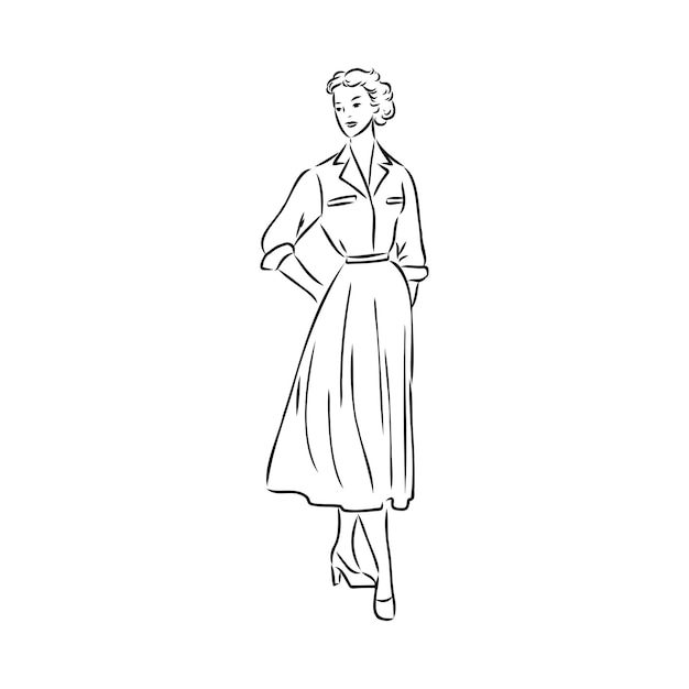 Modelo de moda retro en blanco y negro en estilo boceto ilustración vectorial dibujada a mano