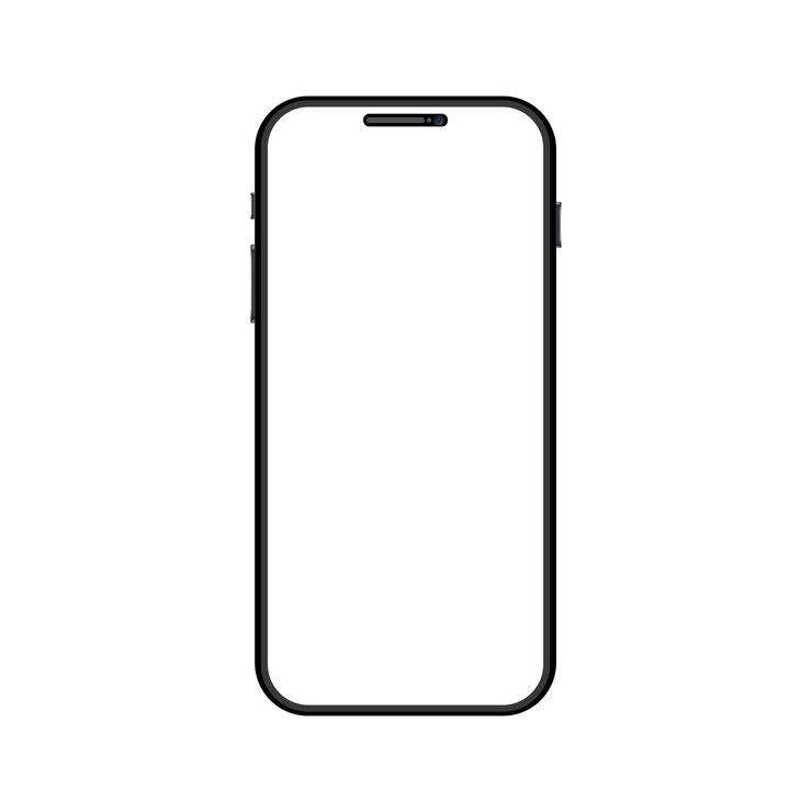 Modelo moderno de teléfono inteligente negro con pantalla en blanco sobre fondo blanco