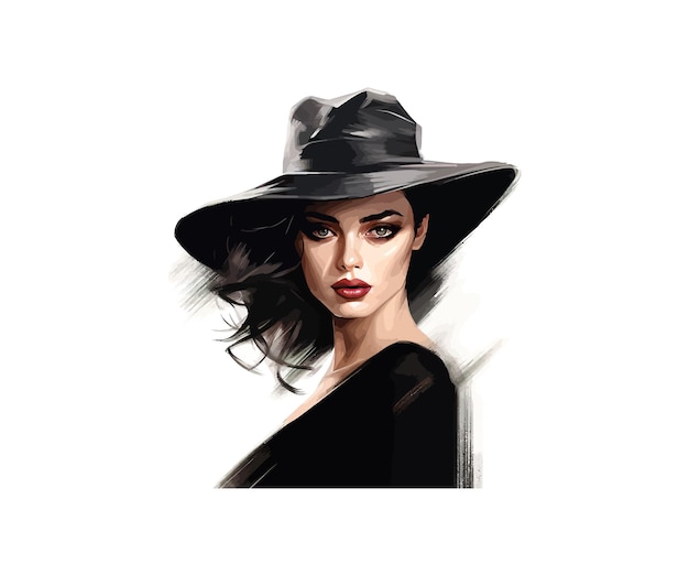 Modelo de mujer de moda con un sombrero negro, diseño de ilustraciones vectoriales