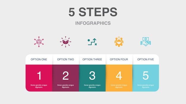 Modelo de negocio estrategia de distribución trabajo en equipo iconos de inversión Plantilla de diseño de diseño infográfico Concepto de presentación creativa con 5 pasos