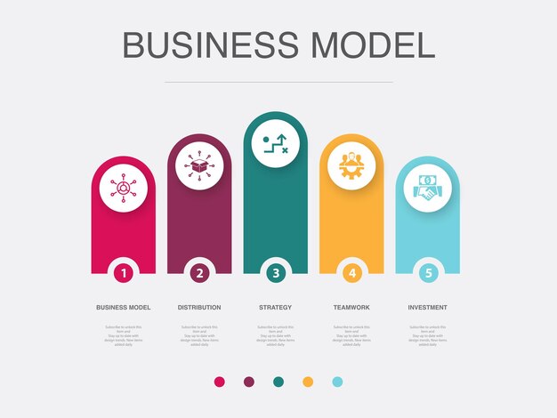 Modelo de negocio estrategia de distribución trabajo en equipo iconos de inversión Plantilla de diseño infográfico Concepto creativo con 5 pasos