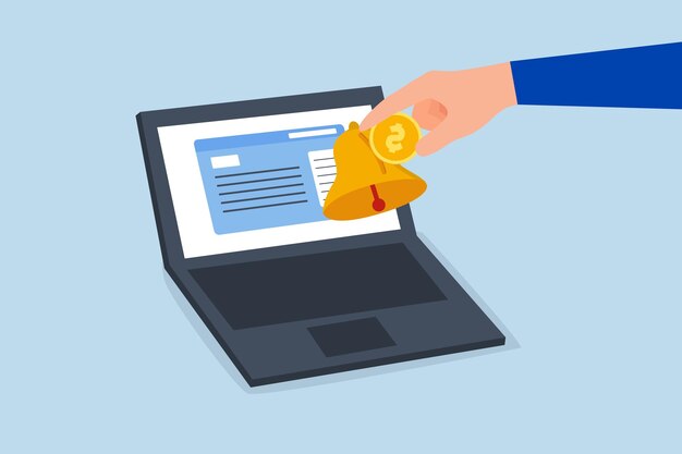 Modelo de negocio de suscripción El cliente pone la moneda a mano en la campana de suscripción en la computadora portátil