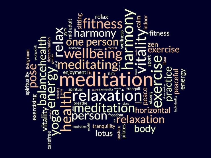 Vector modelo de nube de palabras para el día de la meditación contexto vectorial de concienciación sobre la salud