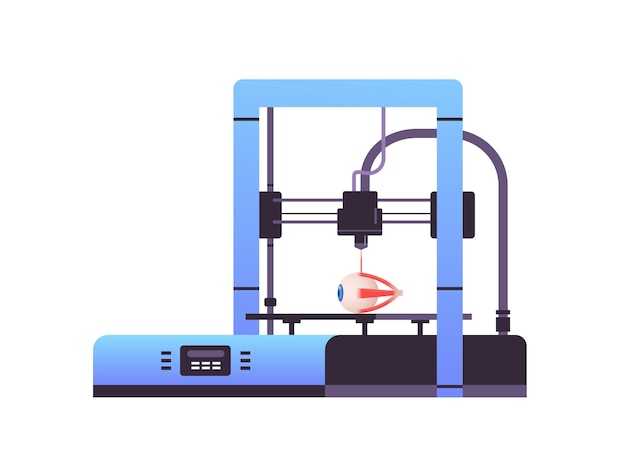 Vector el modelo de ojo se imprime en la bioimpresora 3d, la impresión médica del órgano de trasplante humano, la ingeniería biológica, el concepto de bioimpresión, la ilustración vectorial horizontal.