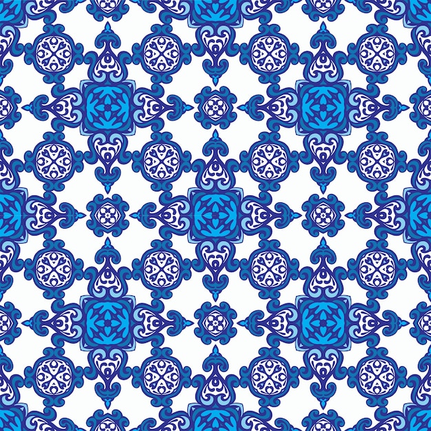 Modelo ornamental inconsútil del azulejo de la flor del damasco azul y blanco abstracto. Elegante textura mediterránea para telas y papeles pintados, baldosas cerámicas, fondos y relleno de página.