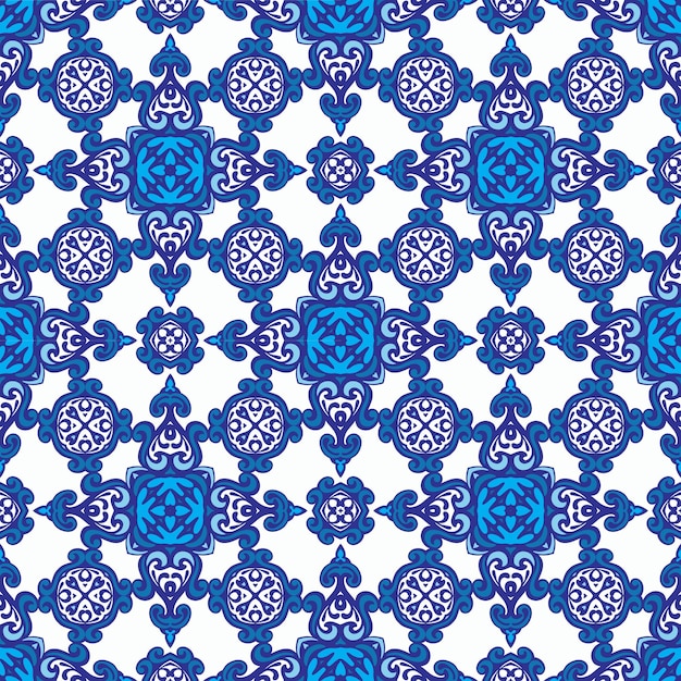 Modelo ornamental inconsútil del azulejo de la flor del damasco azul y blanco abstracto. elegante textura mediterránea para telas y papeles pintados, baldosas cerámicas, fondos y relleno de página.