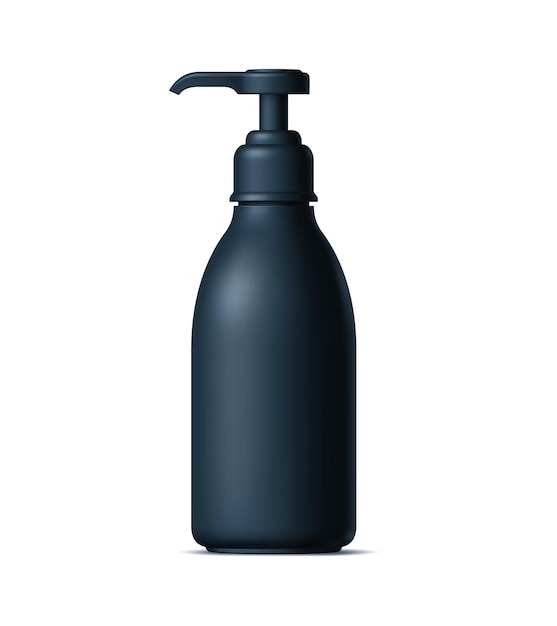 Modelo de paquete vectorial 3D de botella, tubo y recipiente de plástico de cosméticos negros realistas con dispensador de bomba. Sabón líquido, desinfectante, crema para manos, gel para la ducha, acondicionador para el cabello o frasco de loción