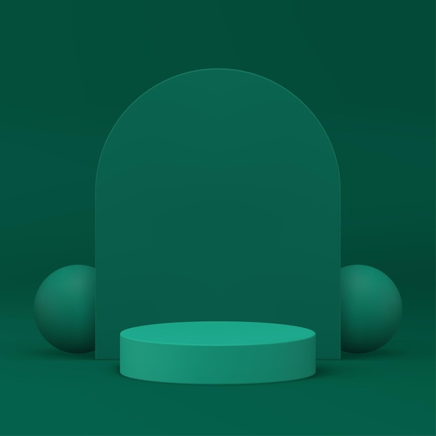 Modelo de pedestal de podio de cilindro verde 3D para productos cosméticos muestra una ilustración vectorial realista