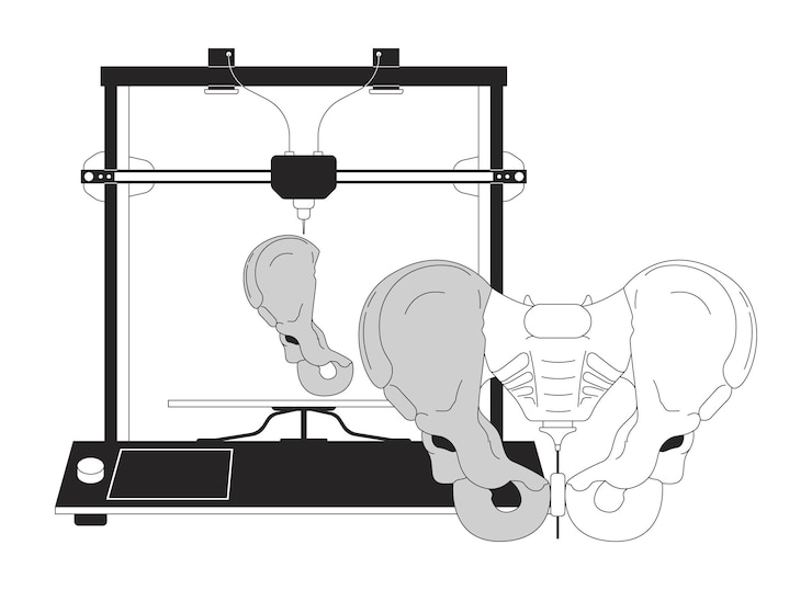Vector modelo de pelvis impreso en 3d ilustración plana de dibujos animados en blanco y negro