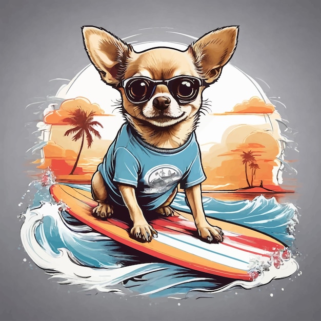 Modelo de perro vectorial surfeando en las olas