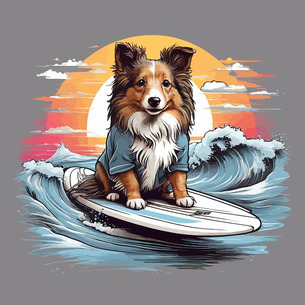 Modelo de perro vectorial surfeando en las olas