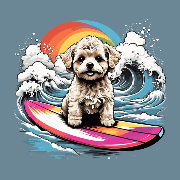 Modelo de perro vectorial surfeando en las olas