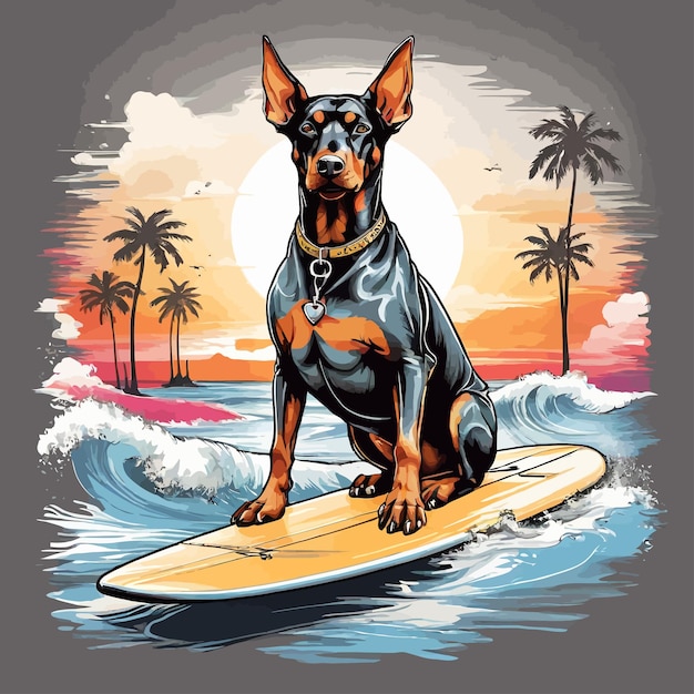 Modelo de perro vectorial surfeando en las olas